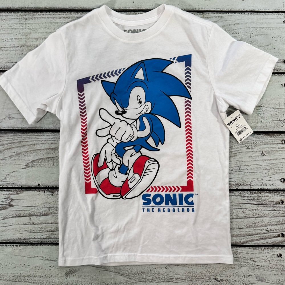 Sonic the Hedgehog Youth L 10-12 White Graphic T-Shirt NWT Double Sided